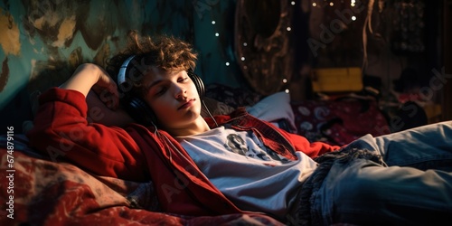 A teenager in a 90's bedroom, lying on a graffiti-inspired bedspread, listening to retro nostalgic music on headphones