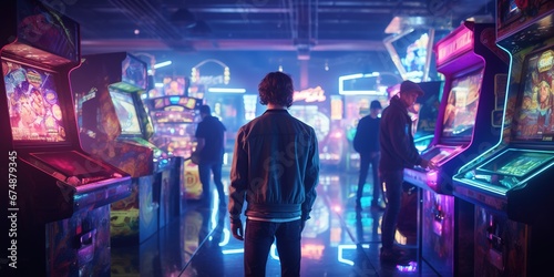 Murais de parede An arcade scene with youths playing on 90's arcade cabinets under fluorescent li
