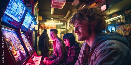 Fotografia An arcade scene with youths playing on 90's arcade cabinets under fluorescent li