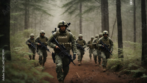 A modern infantry squad advancing through a dense, wooded area, using advanced tactical gear.