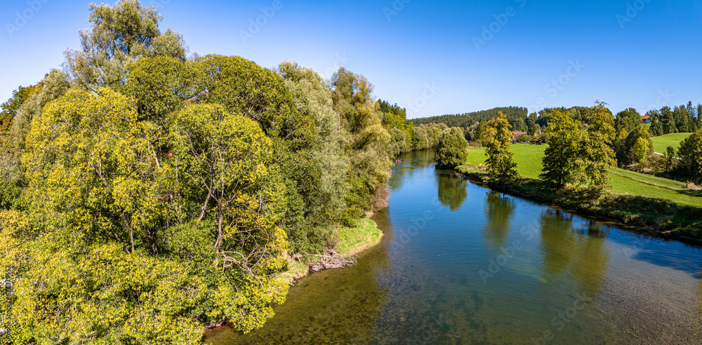Loisach River in Bavaria. Trees around. Aerial Loisach River in Bavaria. Trees around. Aerial
