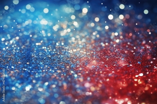 Blue and red Christmas glittering particles with bokeh for a holiday abstract background. Shiny New Year lights. Wallpaper background