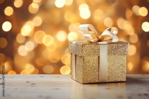 Golden christmas gift box with gold bokeh for a holiday abstract background. Shiny golden New Year lights. Mock up