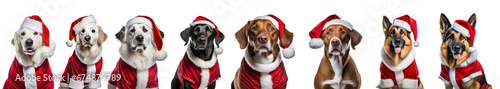 Collection of different dogs as Santa Claus isolated on transparent background. 