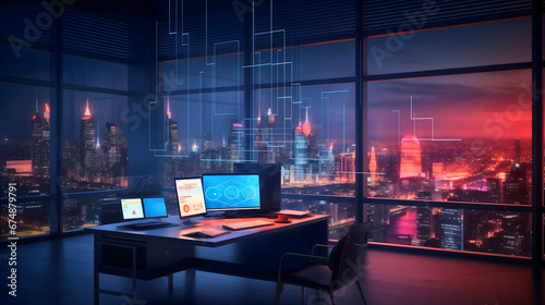 Modern office interior design with two monitors sitting on an office desk displaying business success analytics, beautiful landscape of a city at night through the office windows