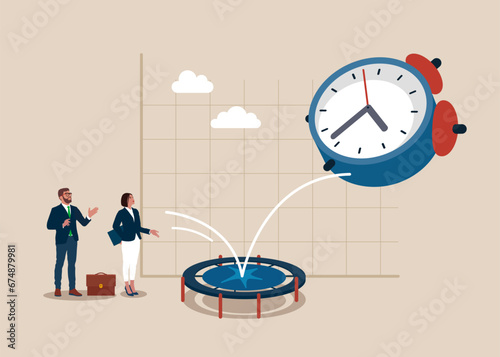 Clock bounce back on the trampoline rising up on graph. 24-7 support service, working hours. Modern vector illustration in flat style