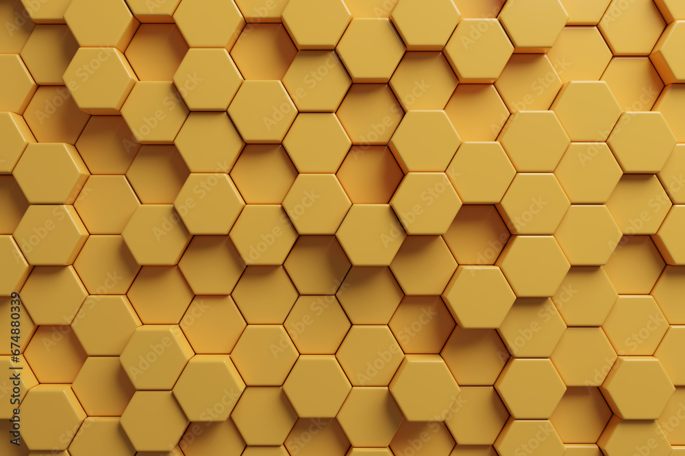 Yellow hexagons abstract background. Top view. Geometric pattern. 3d illustration. Yellow hexagons abstract background. Top view. Geometric pattern. 3d illustration.
