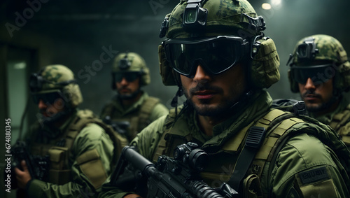 A squad of special forces operatives in night vision goggles, conducting a covert raid on an enemy compound. photo