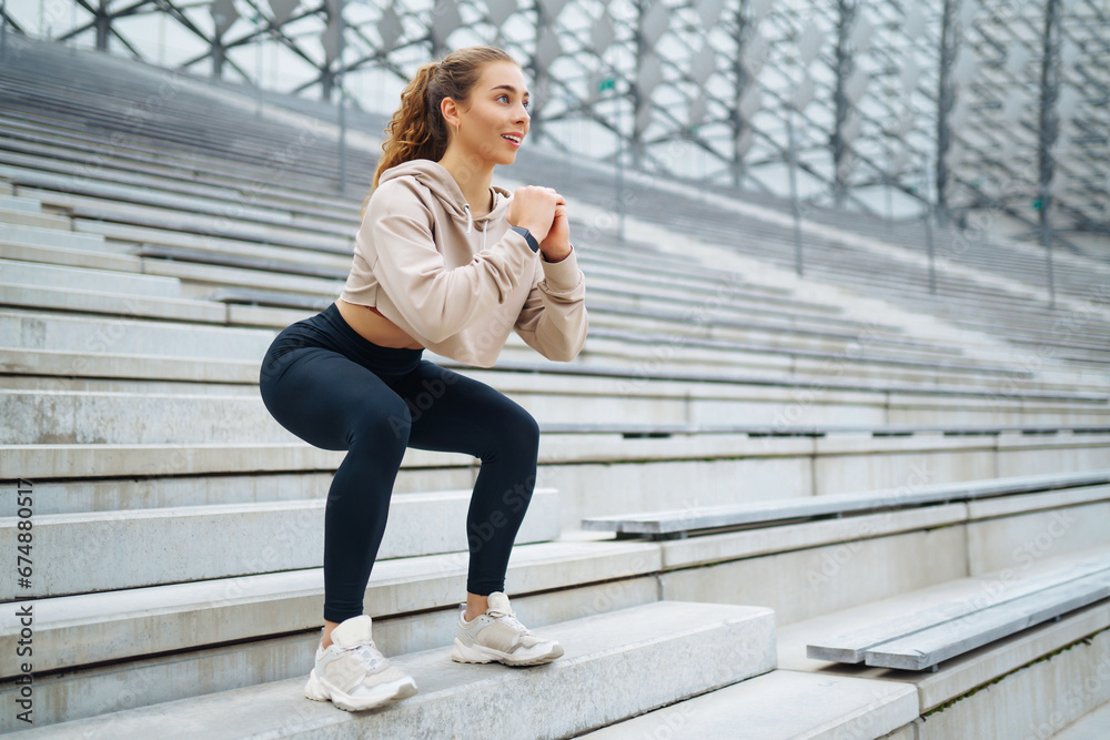 Attractive young woman in sportswear stretches outdoors. An athlete performs exercises on the sports ground. Health concept. Active lifestyle.