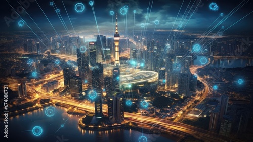 Print op canvas a smart city and its advanced communication network, the integration of 5G technology and Low Power Wide Area solutions, emphasizing wireless communication as a cornerstone of urban innovation