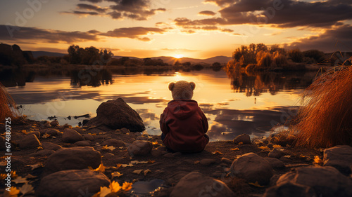 A toy bear sits on the shore of a lake at sunset