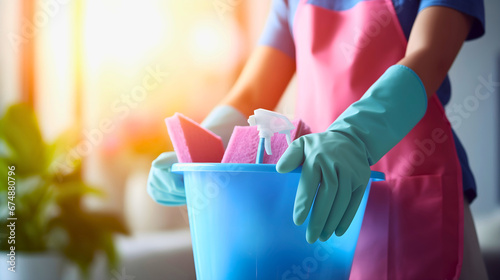 Cleaning lady wearing pink apron and blue gloves, holding the bucket full of equipment for house cleaning, blurred background