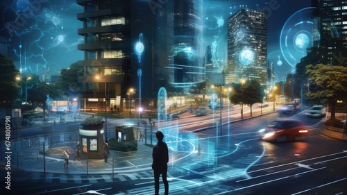 a smart city and its advanced communication network, the integration of 5G technology and Low Power Wide Area solutions, emphasizing wireless communication as a cornerstone of urban innovation. © lililia