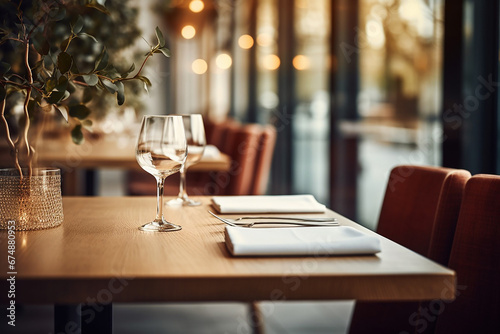 Elegant Minimalist Table Setting in Upscale Restaurant with Soft Bokeh Background