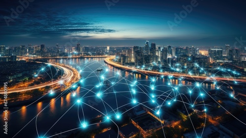 a smart city and its advanced communication network, the integration of 5G technology and Low Power Wide Area solutions, emphasizing wireless communication as a cornerstone of urban innovation.