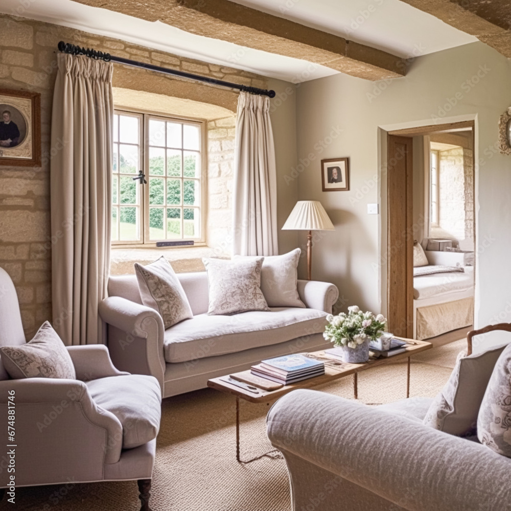 Fototapeta premium Modern cottage sitting room, living room interior design and country house home decor, sofa and lounge furniture, English Cotswolds countryside style