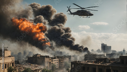 A war-torn city skyline with smoke billowing from damaged buildings and helicopter gunships patrolling the skies. photo