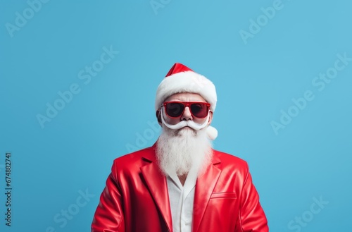 cute santa claus in sunglasses on a blue background 