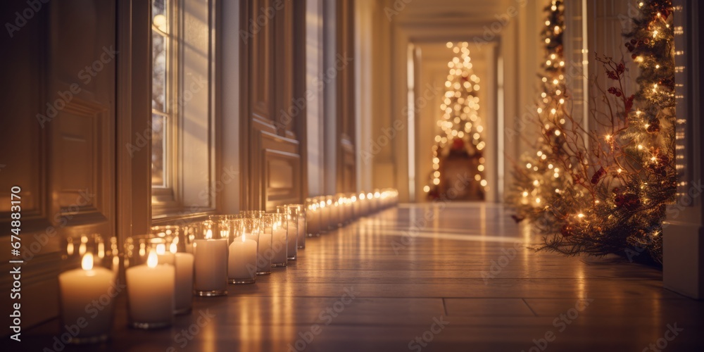 Lights and Candles in a Hallway Creates an Inviting Ambiance with Warm Glow and Symmetrical Decoration, Adding Cozy Illumination to the Interior