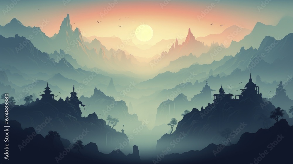 Abstract landscape of a misty mountain valley at dawn