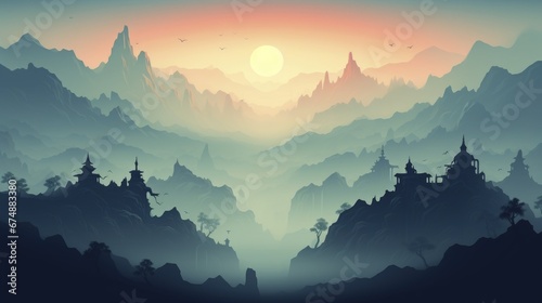 Abstract landscape of a misty mountain valley at dawn © Gefo