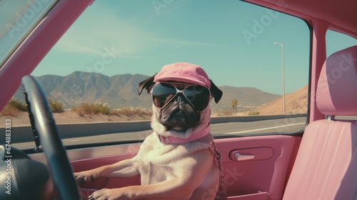 a pug is driving pink Cadillac