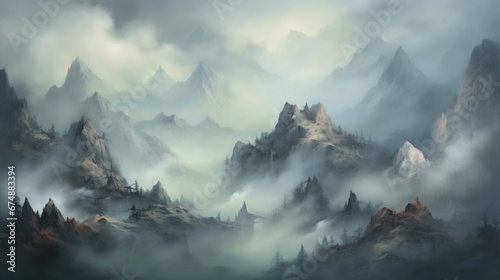Abstract landscape of a foggy mountain range