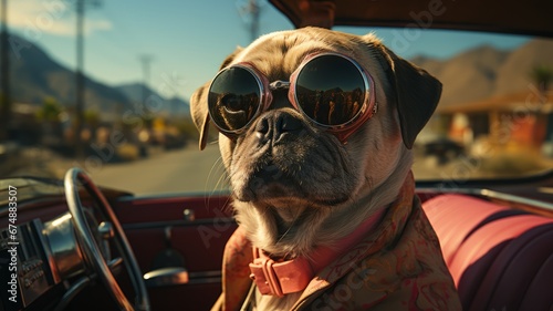 a pug is driving pink Cadillac