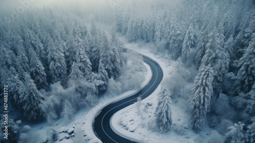 winding, snow-covered forest roads seen from a top-down perspective, the serenity and the enchanting beauty of this winter landscape.
