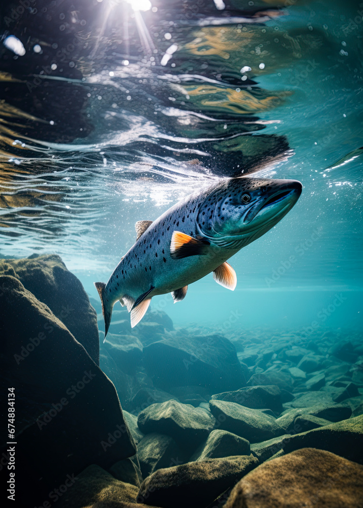 Fototapeta premium Salmon swimming in the Alaskan river. Underneath the surface shot. Ai Generative