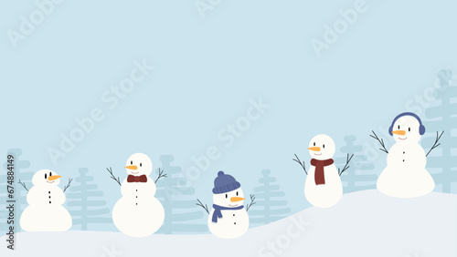 Set of happy snowmen on a forest background