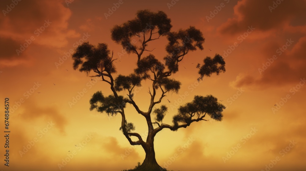 Tree silhouettes against a fiery sky