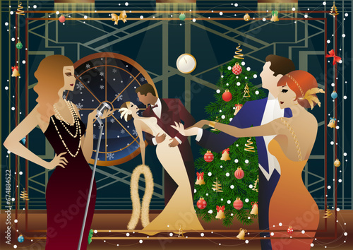 A beautiful young woman in a vintage dress with a retro microphone at the Christmas tree. The singer s performance at the New Year s holiday. Concept for holiday, winter holidays, New Year, Christmas