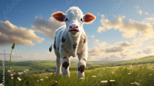 A cow standing in a field of grass and flowers