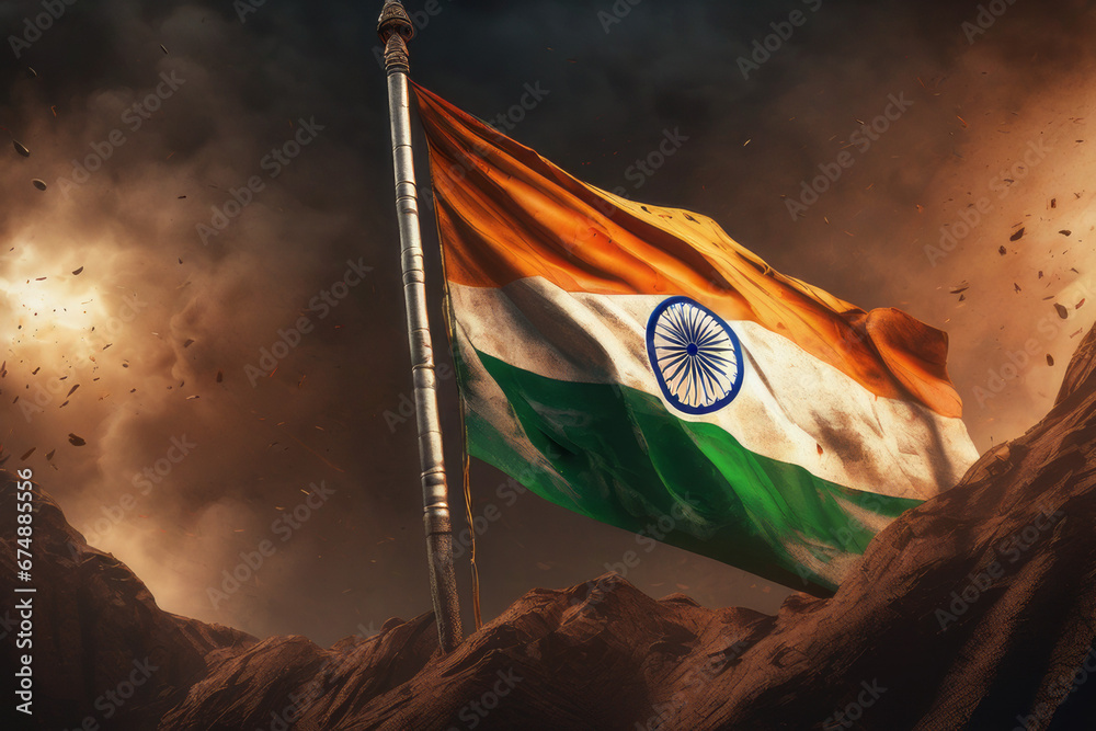 Image of India flag waving 3D rendering against the battlefield ...