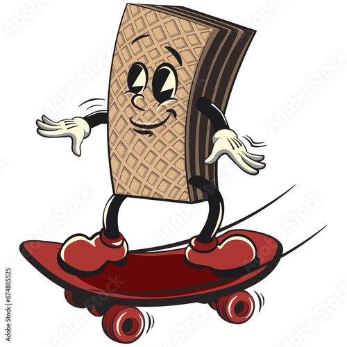 vintage mascot chocolate wafer character with funny face skating with skateboard, isolated cartoon vector illustration. emoticon, cute vintage wafer mascot