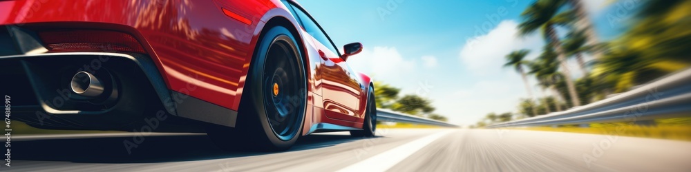 Ultrawide red sports car riding on highway road wallpaper. Car in fast motion 4k. Fast-moving car. Fast-moving supercar on the street. - obrazy, fototapety, plakaty 