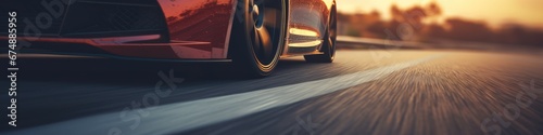 Ultrawide red sports car riding on highway road wallpaper. Car in fast motion 4k. Fast-moving car. Fast-moving supercar on the street. photo