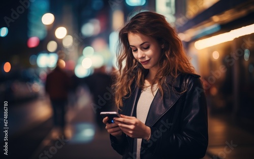 Young woman at night in New York looking at her smartphone