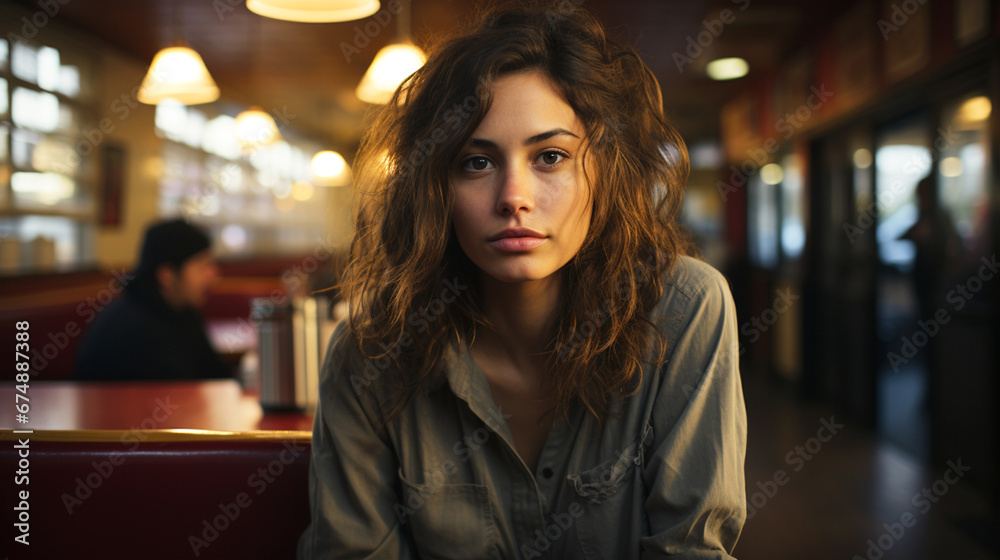 Portrait of young brown haired girl sitting in a bar looking at the camera. Latin woman alone sitting in a restaurant with a serious and concentrated look. Portrait of young brown haired girl sitting in a bar looking at the camera. Latin woman alone sitting in a restaurant with a serious and concentrated look.