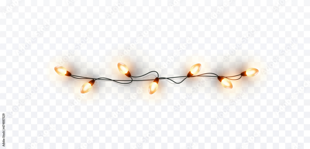 Lights bulbs border isolated on transparent background. Glowing fairy Christmas garland string. Vector New Year party led lamps decoration