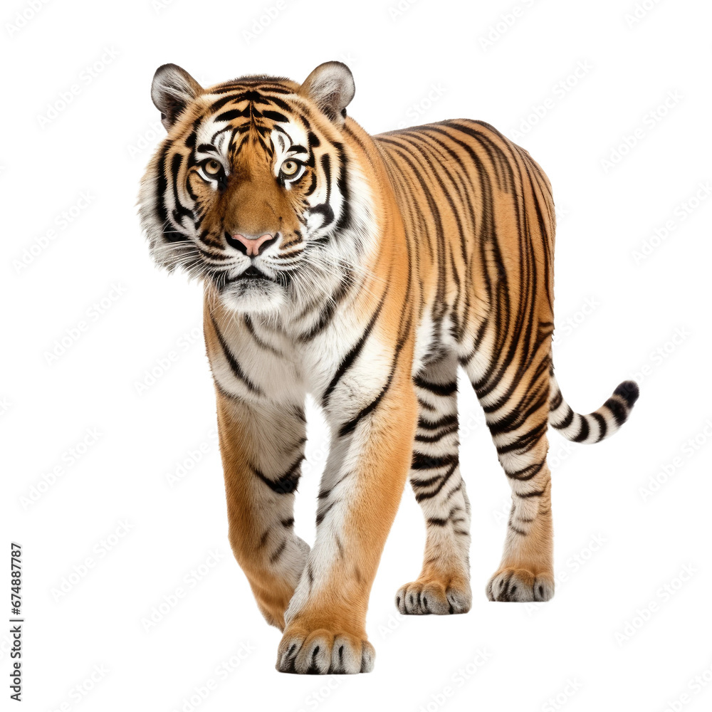 walking tiger on transparent background, wild animal portrait
