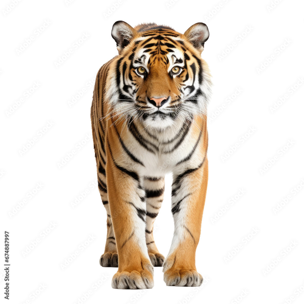 standing tiger on transparent background, wild animal portrait