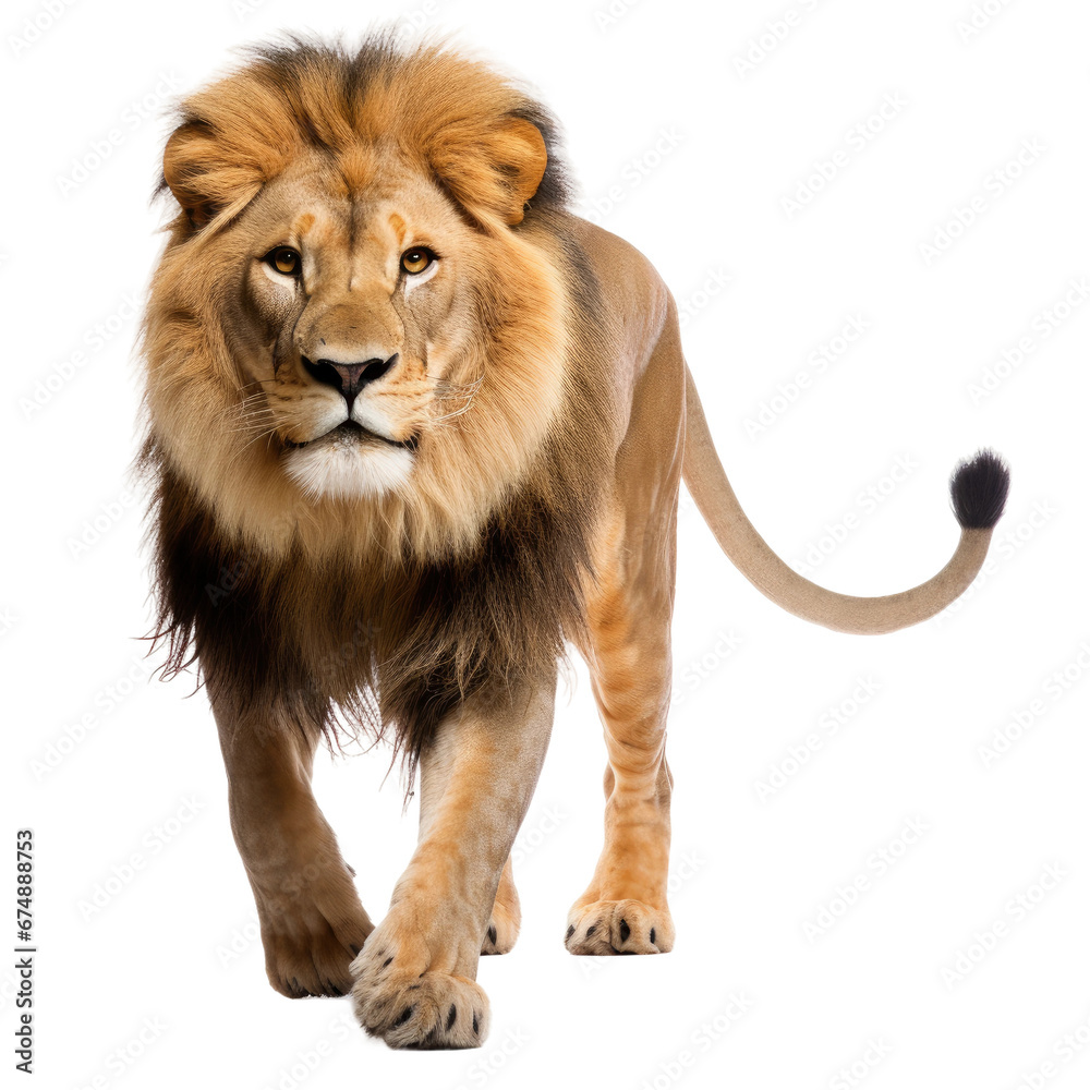 Lion on transparent background, wild animal portrait