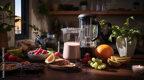 Kitchen table with electric blender with chocolate smoothie and bowls with ingredients