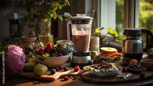 Kitchen table with electric blender with chocolate smoothie and bowls with ingredients photo