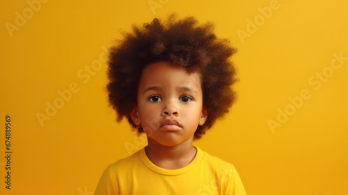 Poignant Youth  Portrait of a Solemn Little Boy with Afro Hair Against a Bright Yellow Backdrop.