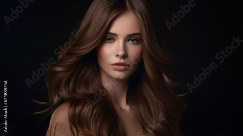Effortless Charm: Young Attractive Woman with Lush Brown Hair and Natural Beauty on Neutral Background.