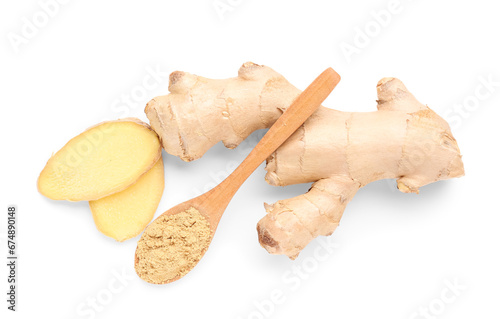 Fresh ginger root and wooden spoon with dried powder on white background