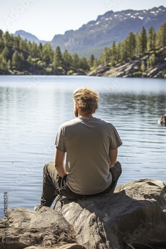 A man sitting on rocks admi...